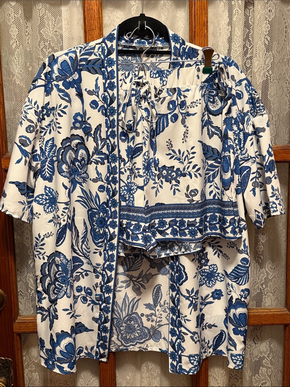 White and Blue Floral Kimono And Shorts Set